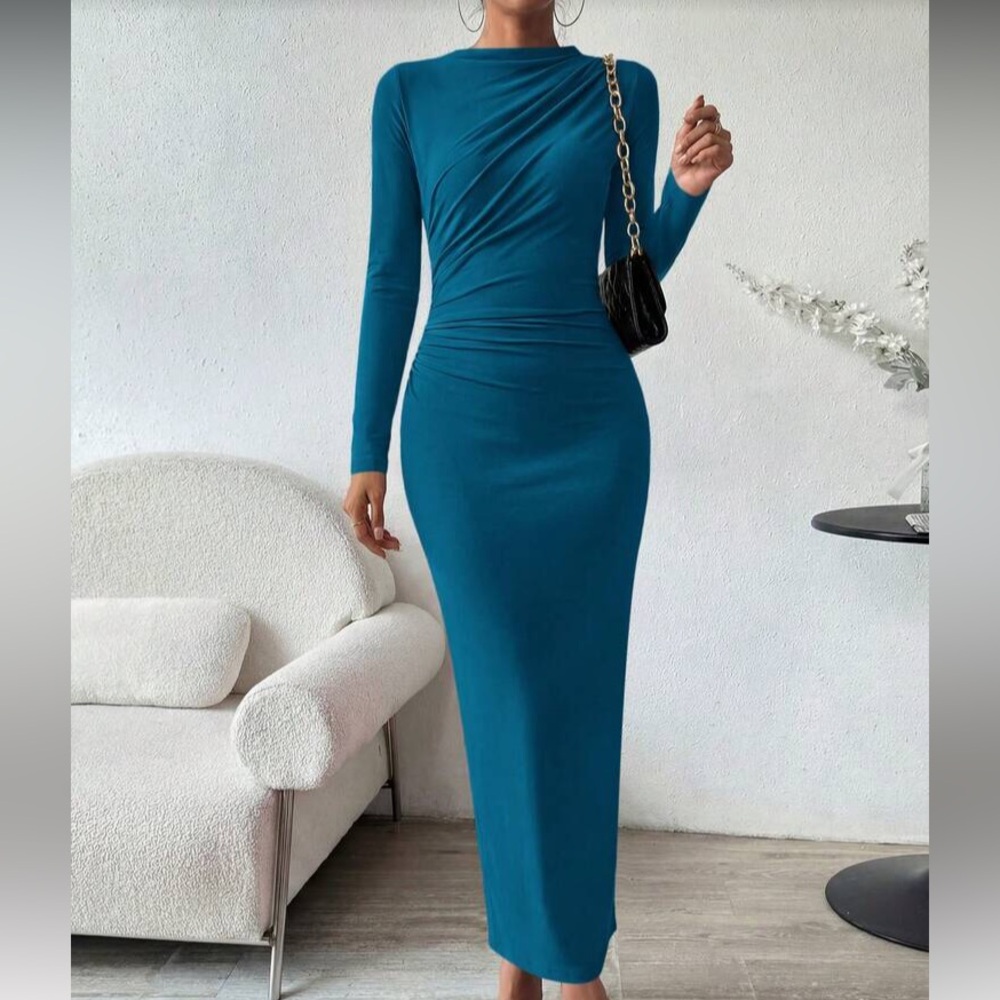 Blue Asymmetrical Neck Bodycon Dress